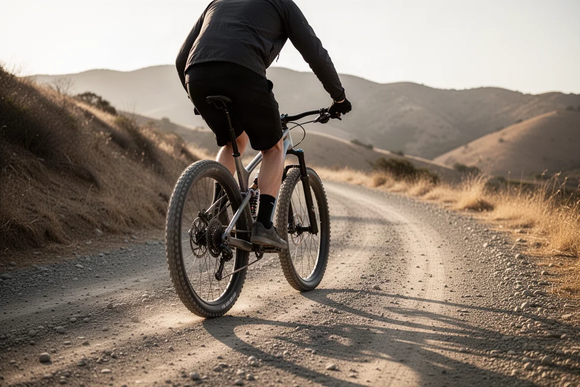 Mountain biker seated and pedalling up a steep gravel fire road climb