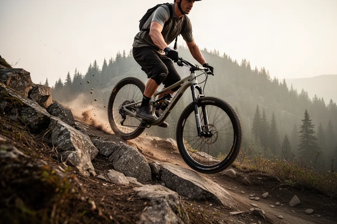Mountain biker descending a jagged rocky trail with dust behind the rear wheel