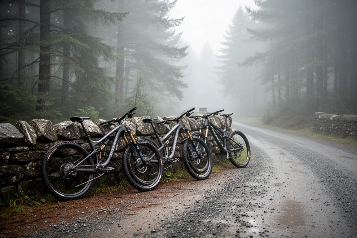 Three enduro mountain bikes leaning against a stone wall at a forest trailhead