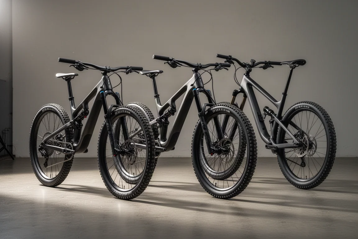 Three carbon enduro mountain bikes lined up on a concrete floor in studio light