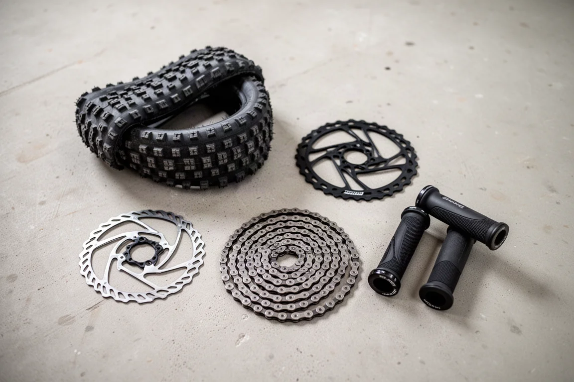 コンクリートの作業場の床に並べられたマウンテンバイクのコンポーネント