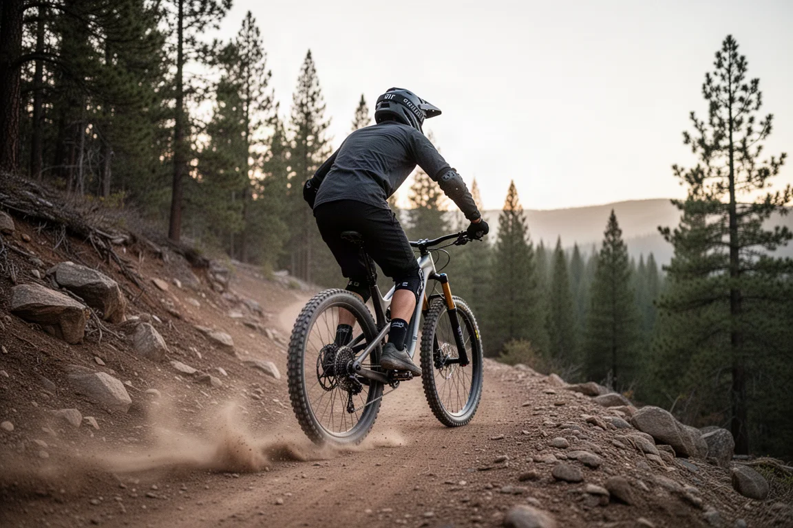 Fahrer schiebt ein Enduro-Bike mit langem Federweg einen lockeren, steinigen Anstieg zur goldenen Stunde hinauf