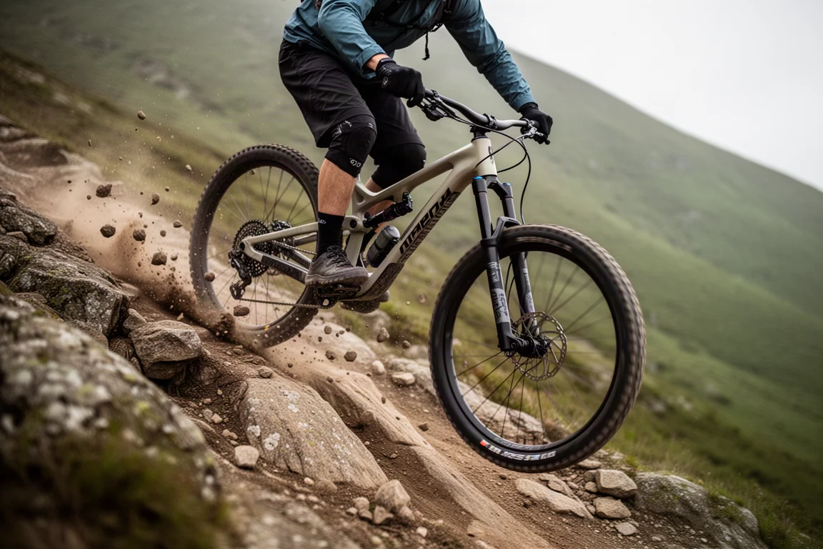 Nahaufnahme eines Mountainbike-Hinterbaus, Luftdämpfers und kleineren Mullet-Hinterrads auf einem nassen Trail