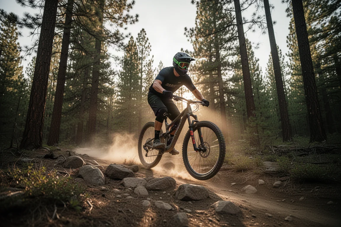 Ciclista de enduro de mountain bike descendiendo por terreno rocoso entre un bosque de pinos con poca luz vespertina