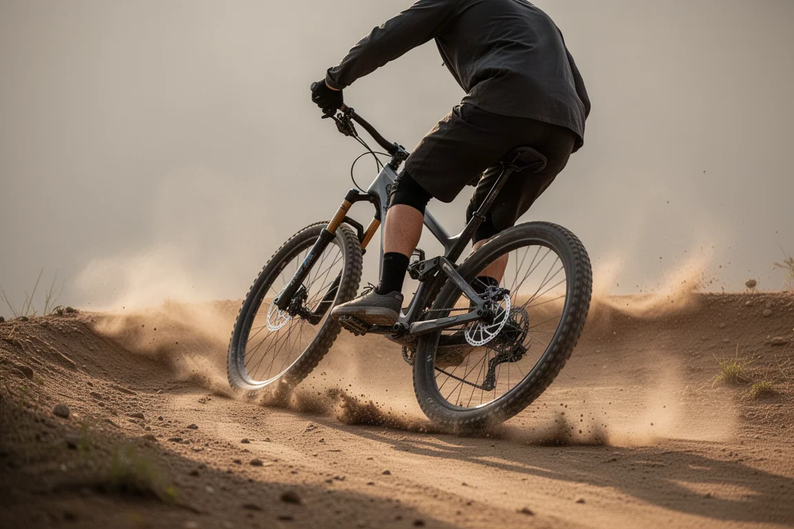 Ciclista de mountain bike trazando una curva cerrada en un sendero polvoriento con la rueda delantera cargada