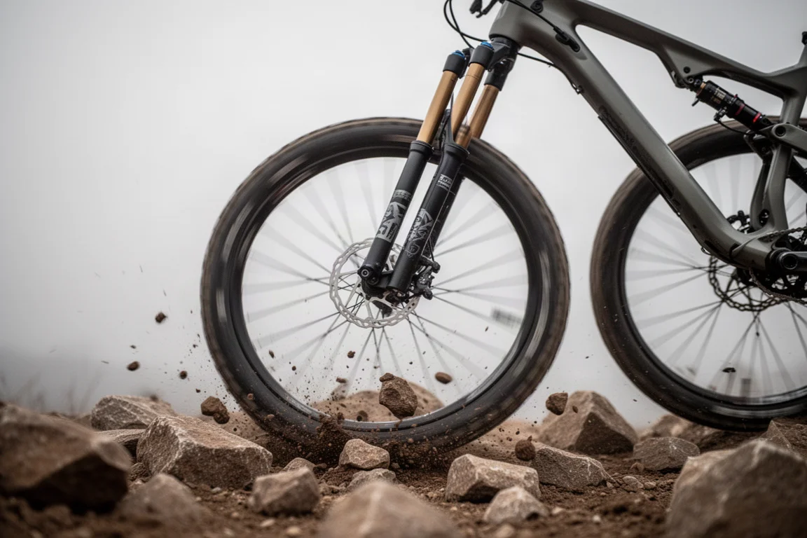Horquilla de suspensión delantera comprimiéndose mientras una mountain bike impacta en un jardín de rocas
