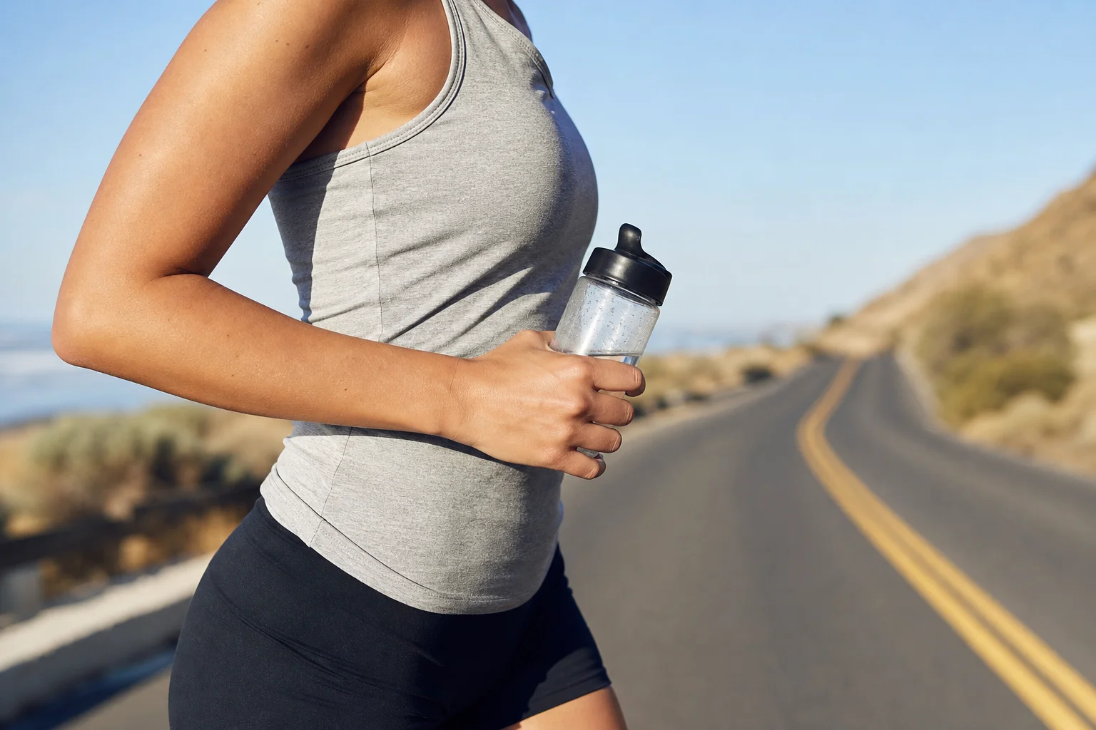 Runner hydrating with water bottle on a sunny road during training