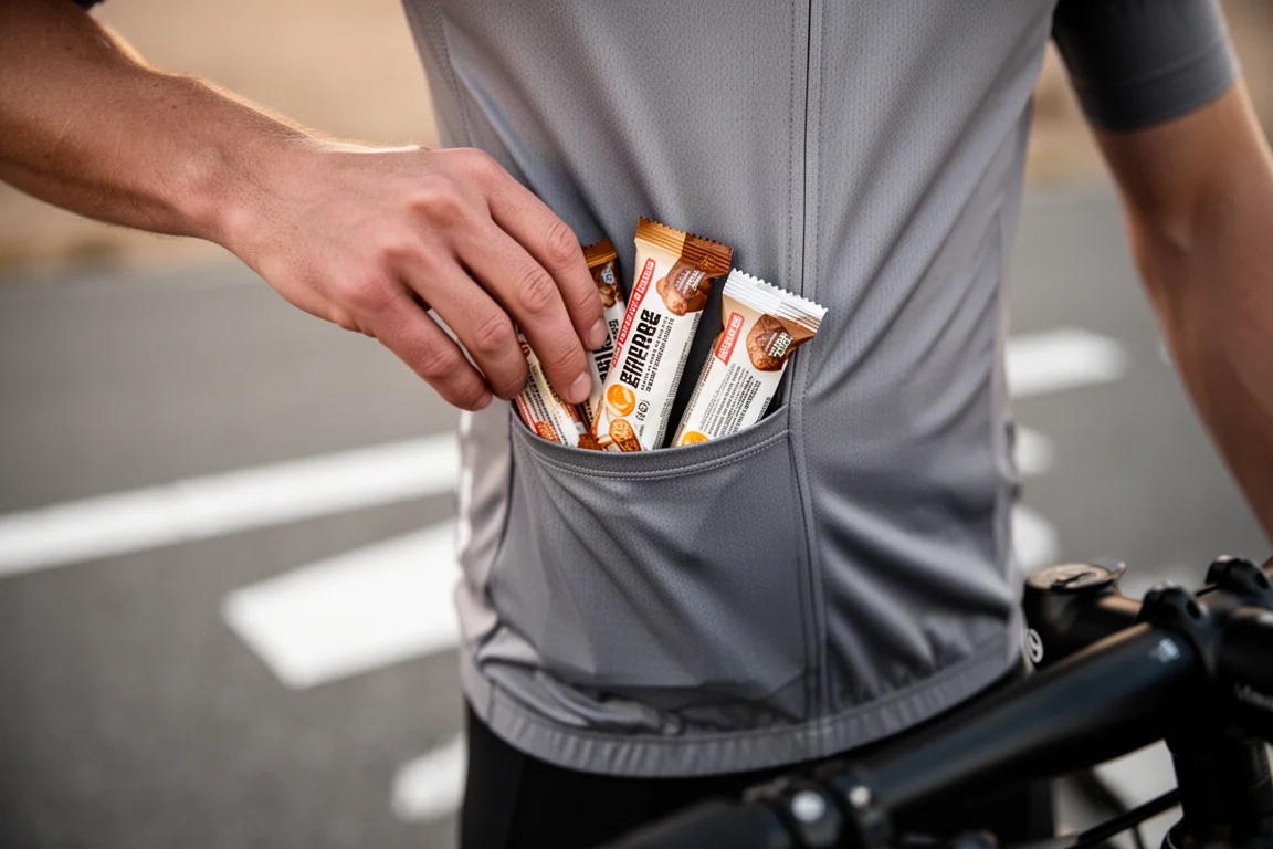 Die Hand eines Radfahrers greift in eine mit verpackten Energie-Riegeln gefüllte Trikottasche