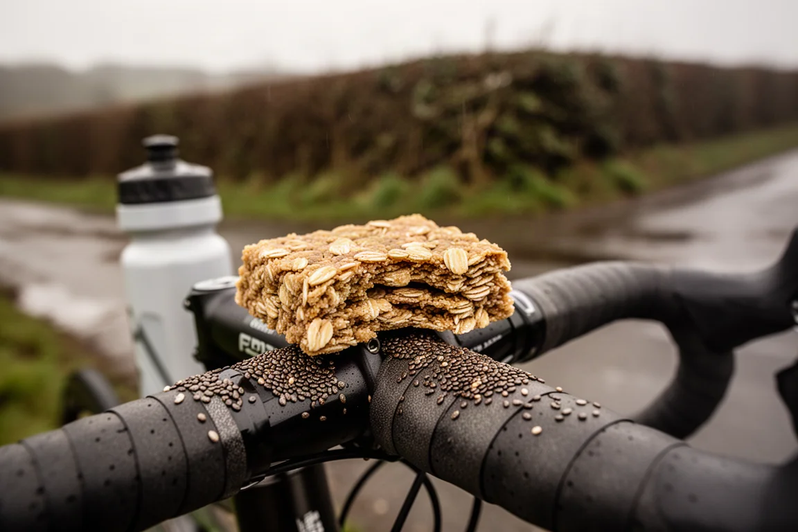 Geöffneter Haferflocken-Flapjack mit Chiasamen auf einem Fahrrad-Oberrohr