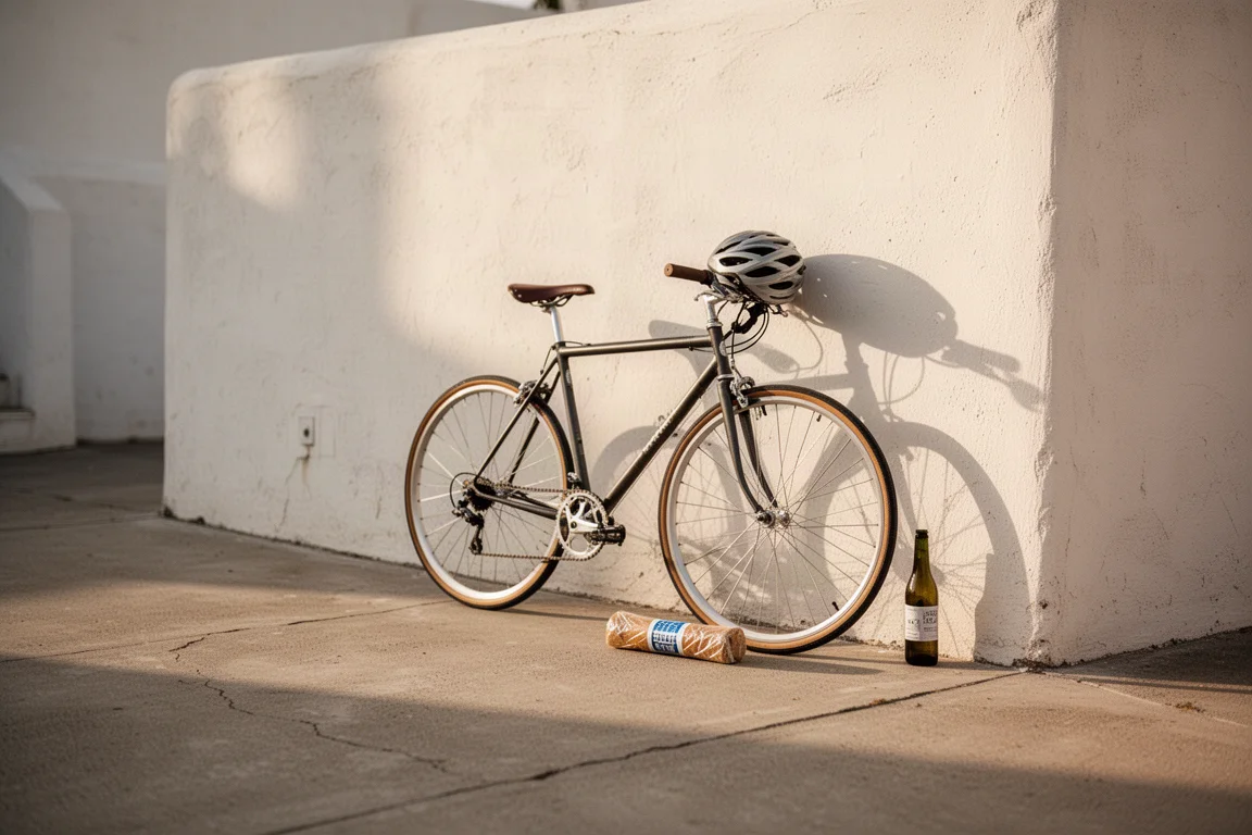 Fahrrad lehnt nach einer Ausfahrt an einer Wand, Helm und Flasche in der Nähe