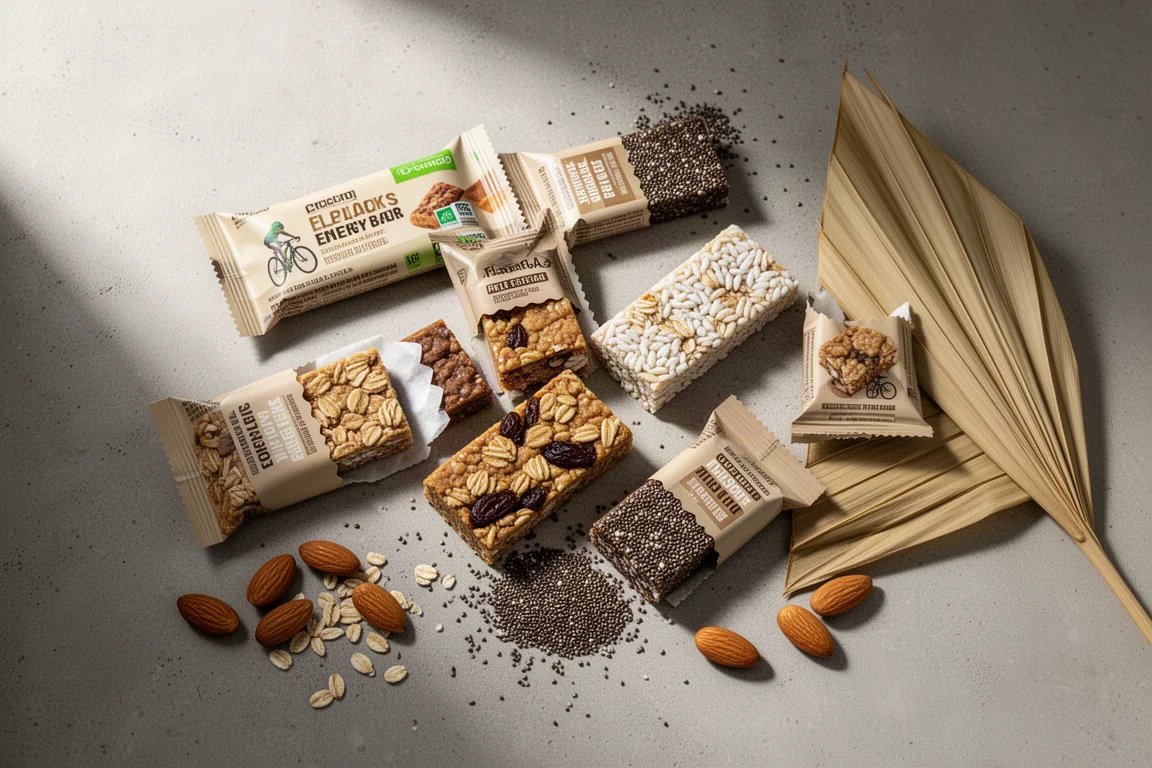 Uppifrånbild av olika inpackade cykelenergibarer och flapjacks på betong