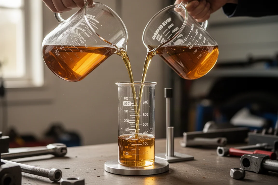 Huile moteur versée d'un verre doseur dans un appareil de test de fluidité gradué