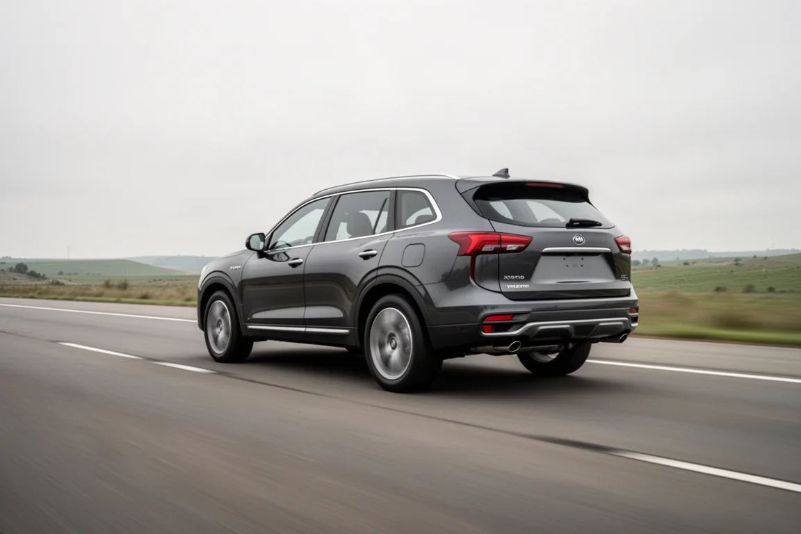 SUV pleine taille roulant sur une autoroute ouverte à vitesse constante pour un test d'économie de carburant