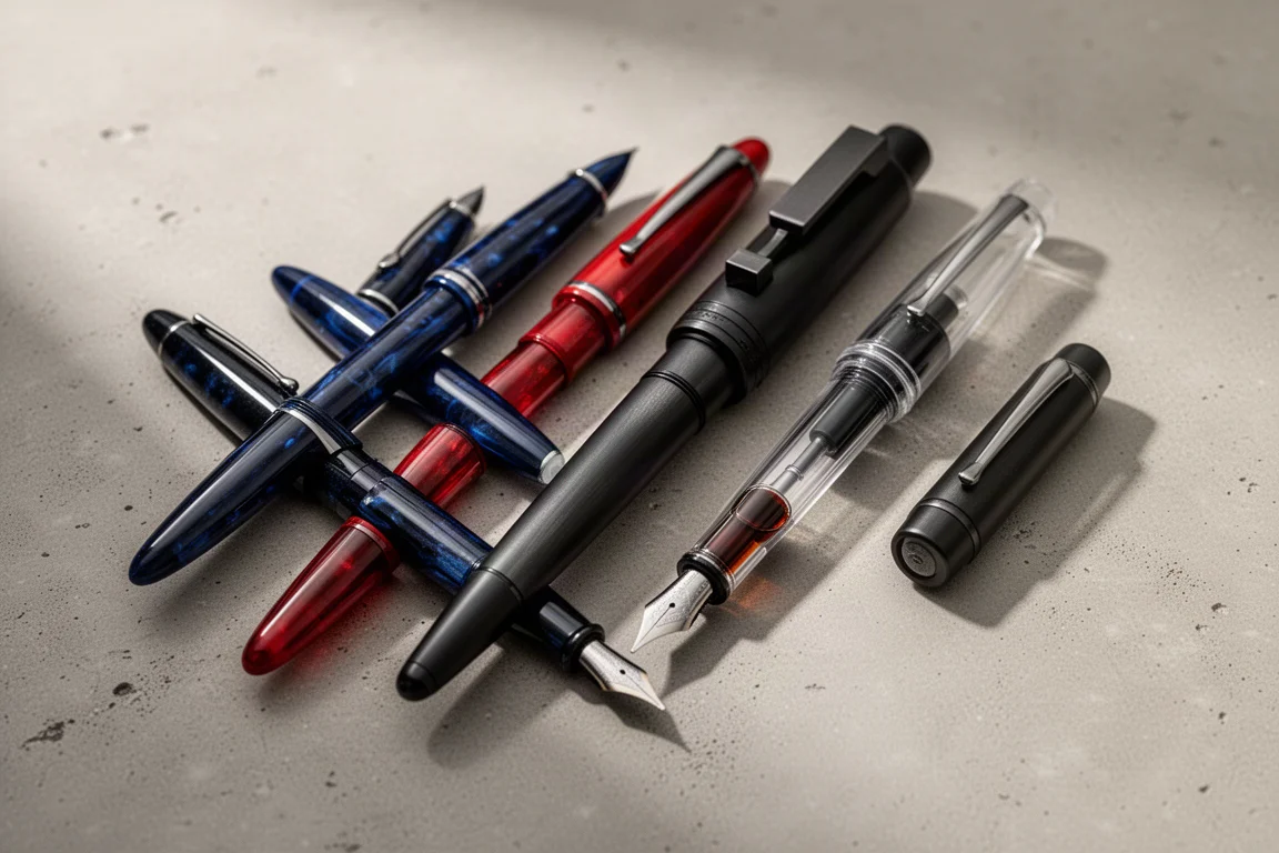 A collection of eleven fountain pens arranged on a matte concrete surface