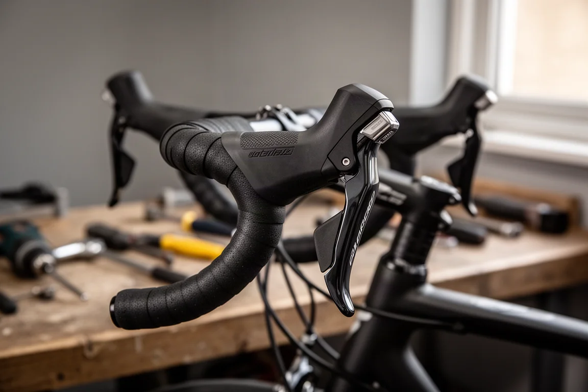 Gros plan d'un cintre de vélo de route et d'un levier de vitesses sur un établi d'atelier