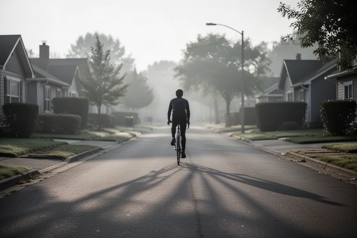 Cycliste s'éloignant dans une rue résidentielle calme à la lumière du petit matin