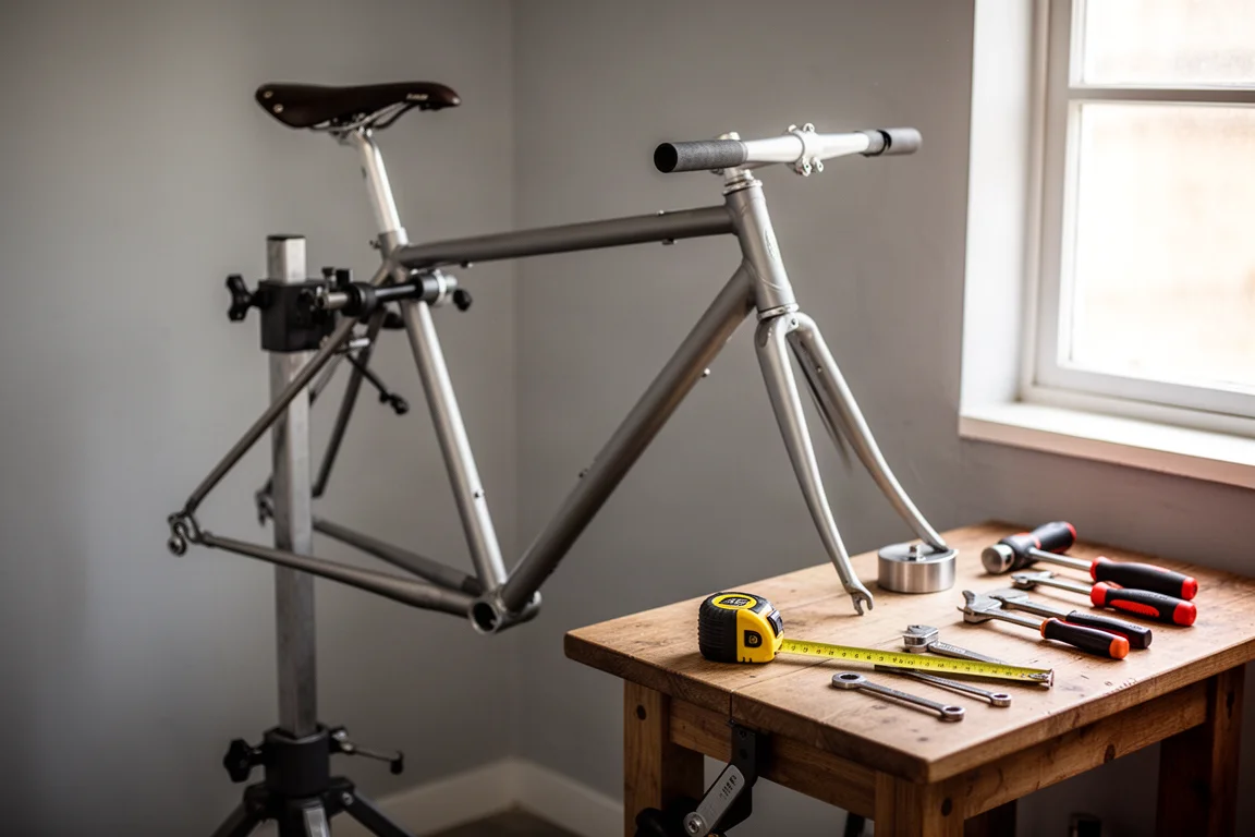 Vélo sur un support de réparation avec outils et mètre ruban sur un établi en bois