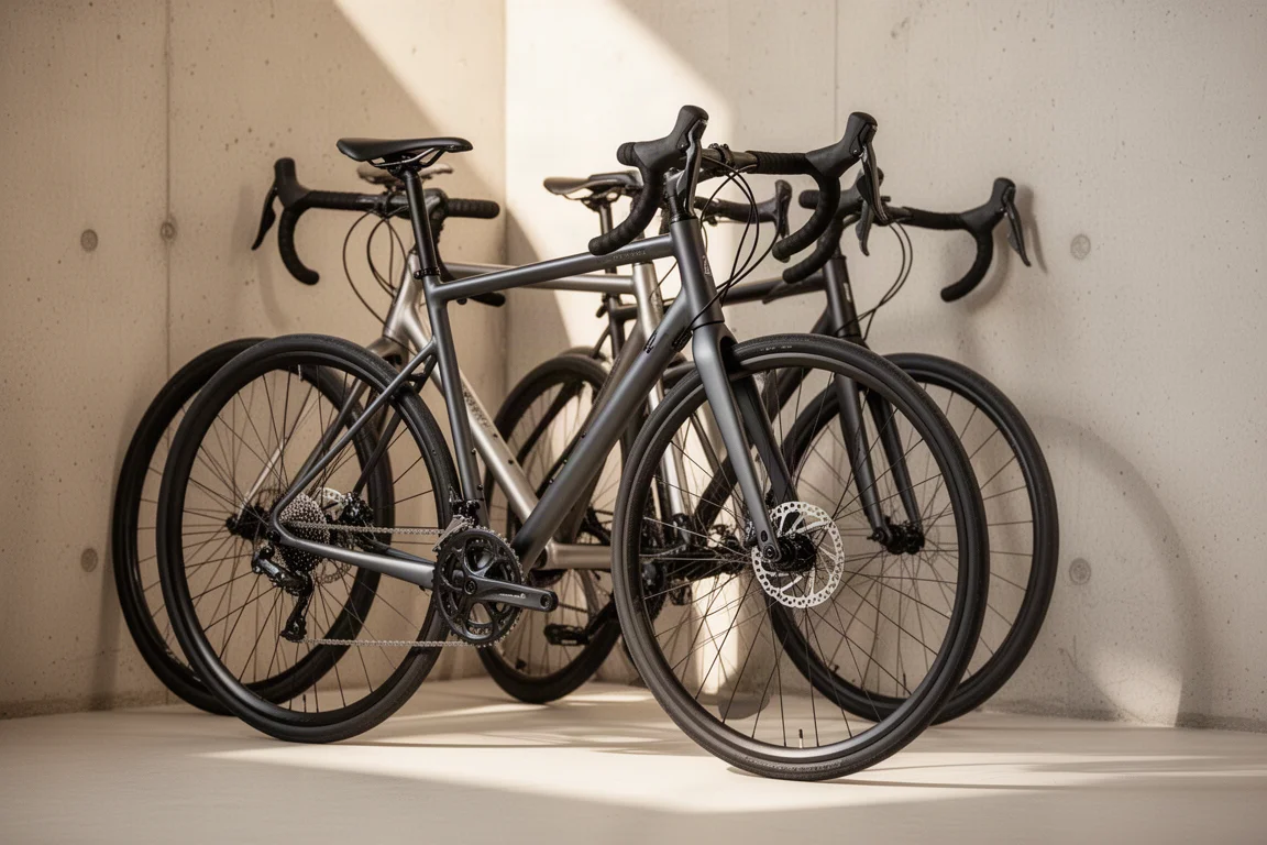 Three entry-level road bikes leaning against a pale concrete wall in a bright studio