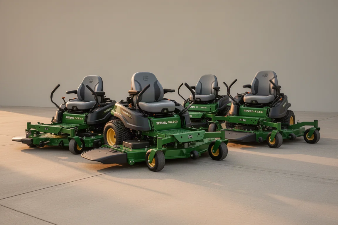 Lineup of zero turn riding mowers parked on a concrete driveway at golden hour