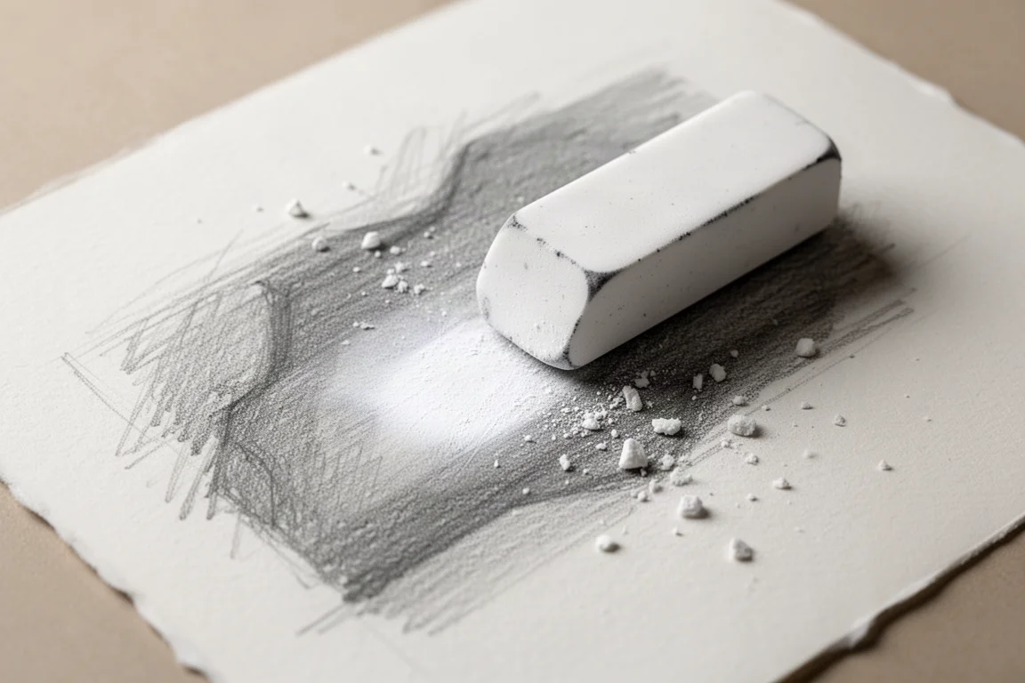 Hand lifting highlights from a graphite drawing with a broad white eraser