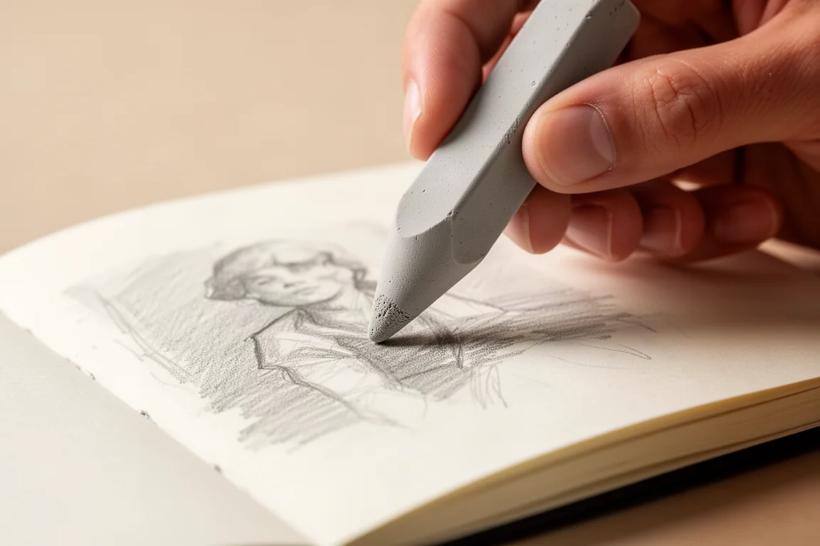 Kneaded eraser being sculpted into a fine point over a sketchbook