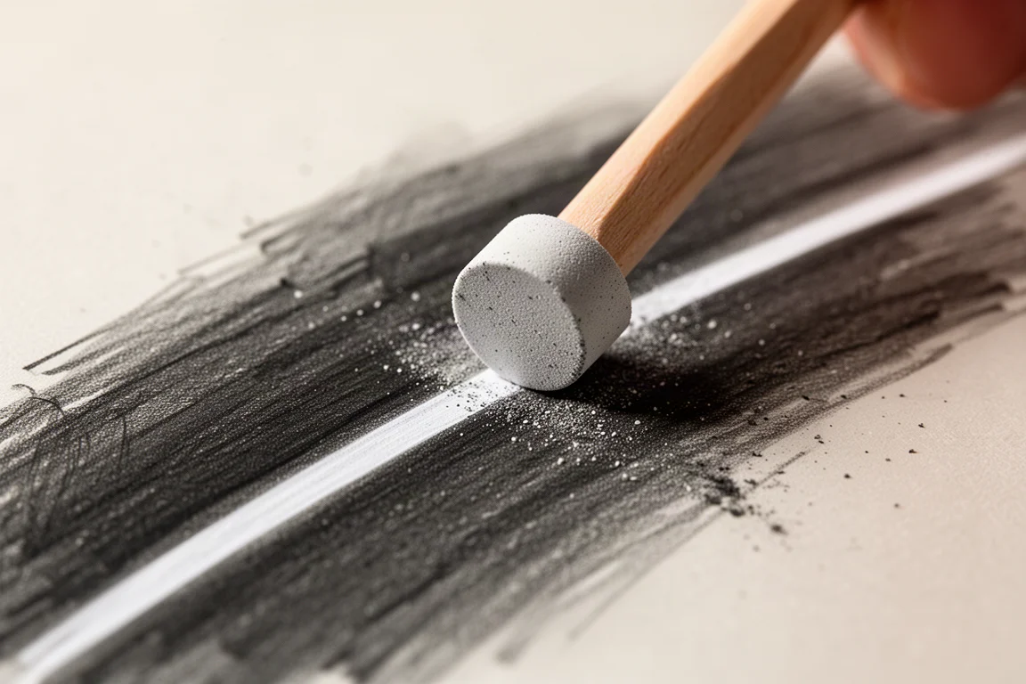 Detail eraser stick drawing a crisp highlight line into dense graphite tone