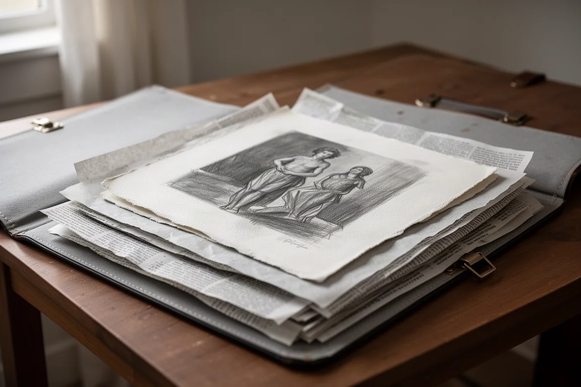 Finished graphite drawings stacked in a portfolio with newsprint sheets between them