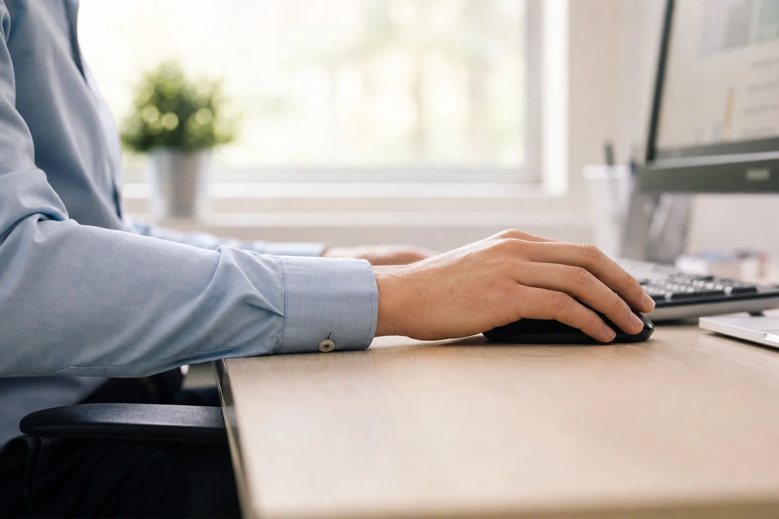 Person am Schreibtisch mit korrekter ergonomischer Haltung und neutraler Ausrichtung des Handgelenks