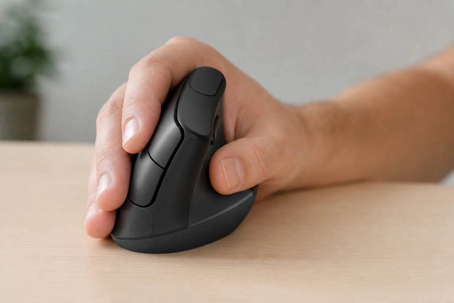 Nahaufnahme einer vertikalen Maus in der Hand, die die Handshake-Griffposition zeigt