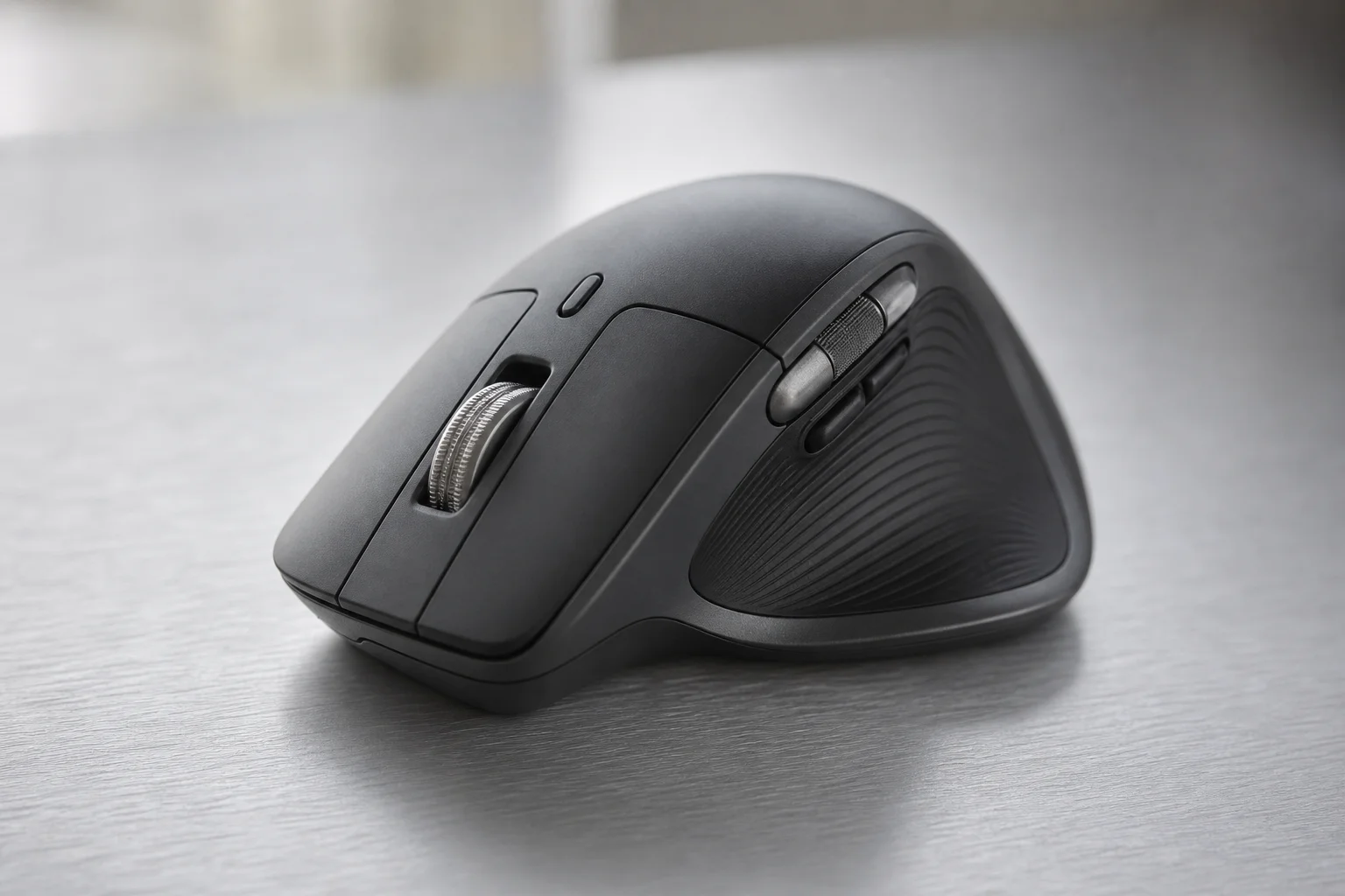Premium-Ergonomie-Maus mit Daumenauflage auf einer Oberfläche aus gebürstetem Metall