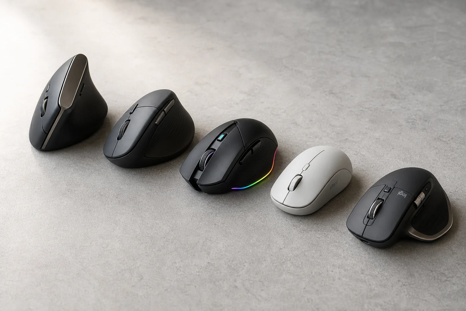 Cinco ratones ergonómicos de diferentes estilos dispuestos sobre una superficie de hormigón