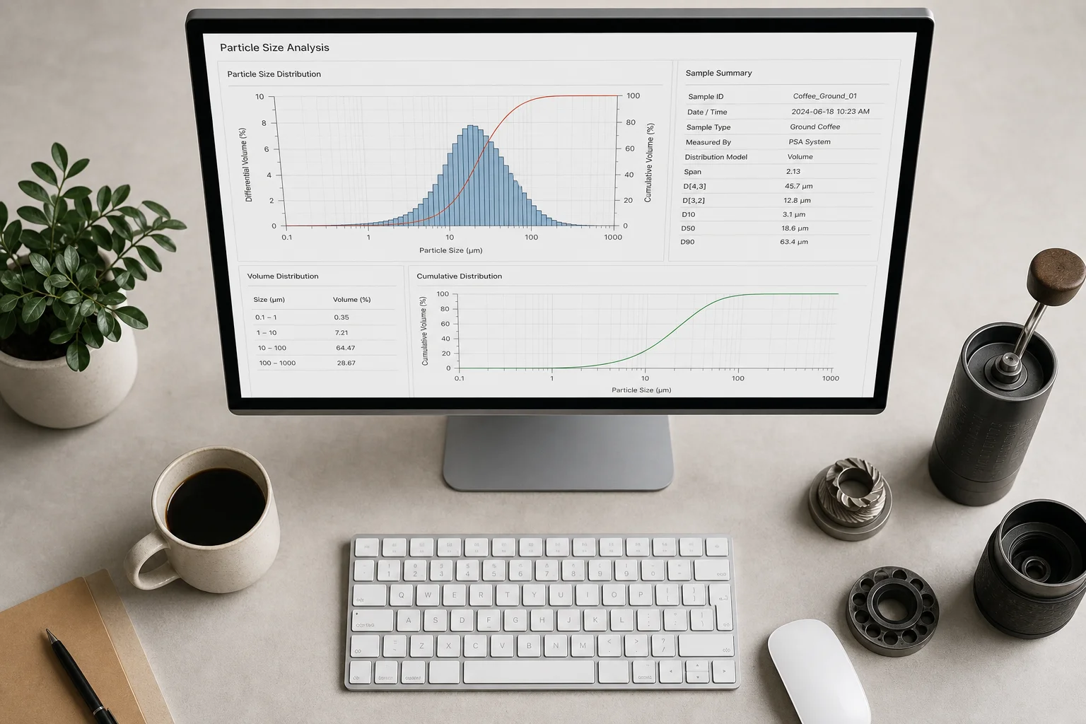 Particle size distribution chart displayed on computer monitor