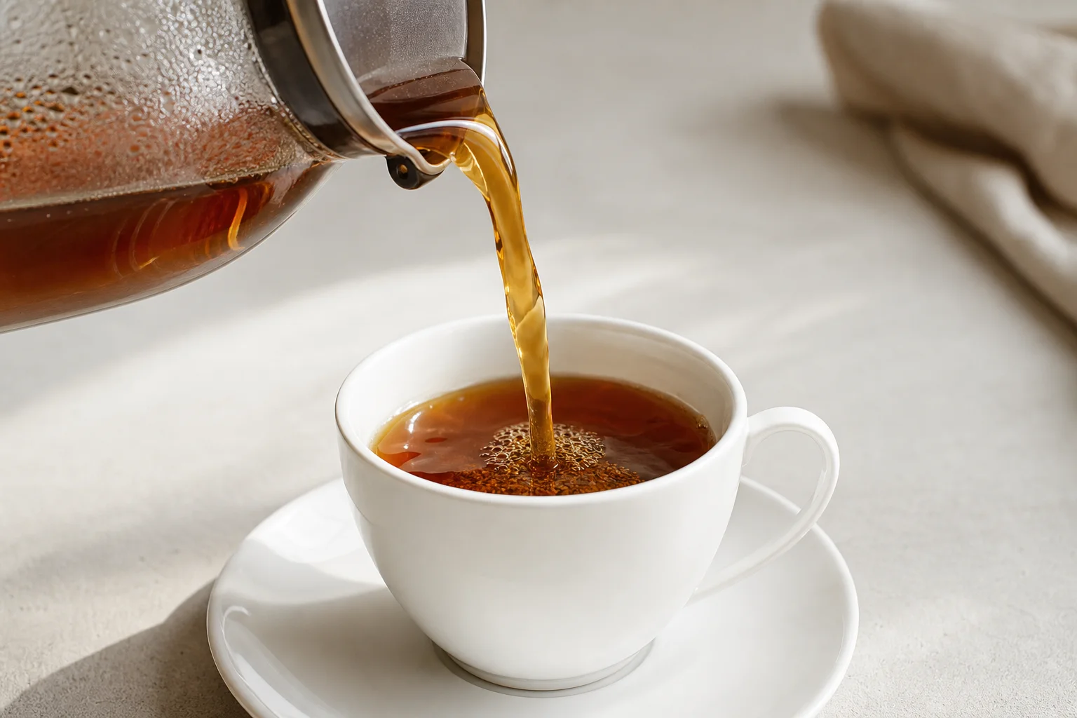 Filter coffee being poured into white ceramic cup with clarity