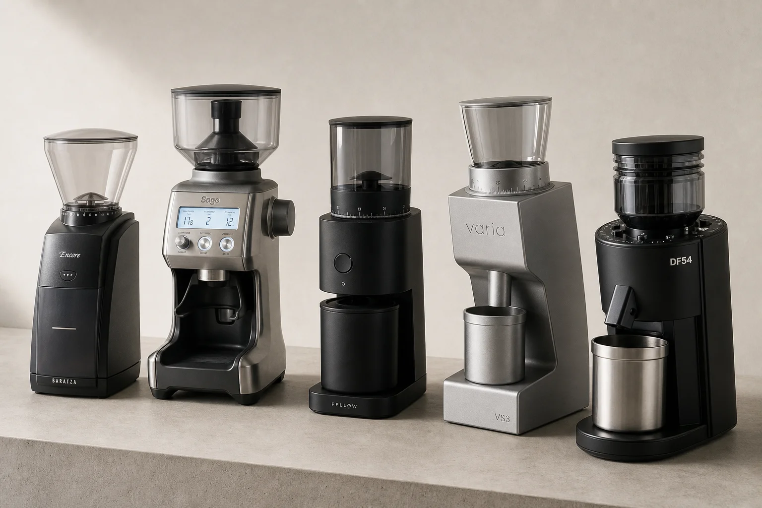 Five espresso grinders arranged in a row on concrete surface