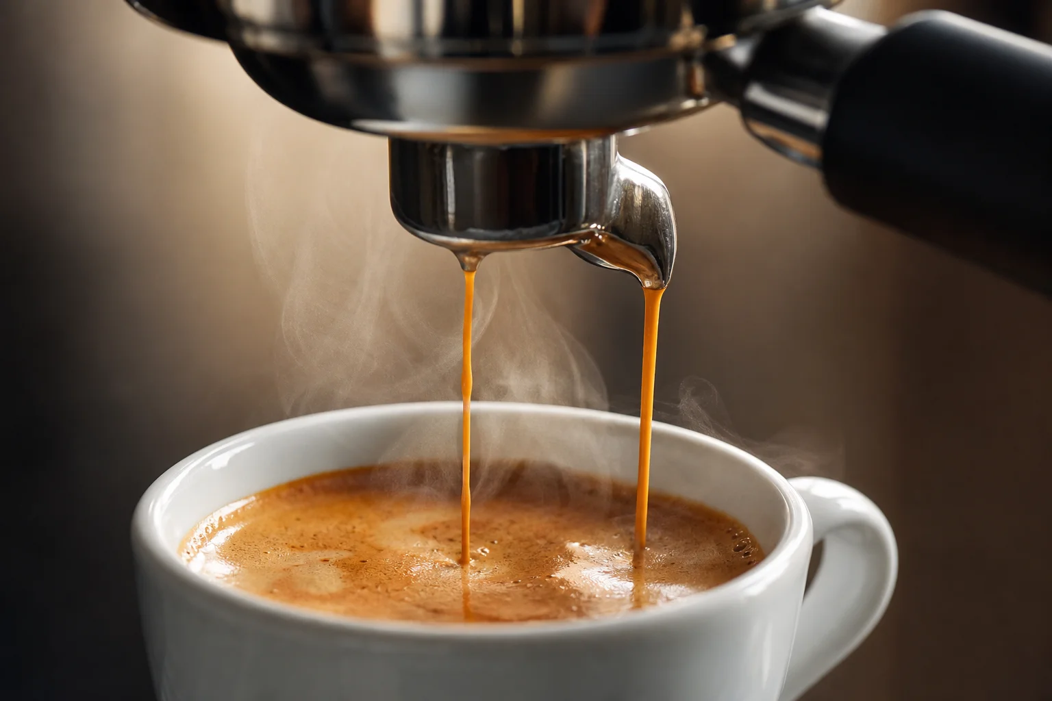 Espresso pouring into a white cup with rich golden crema and steam