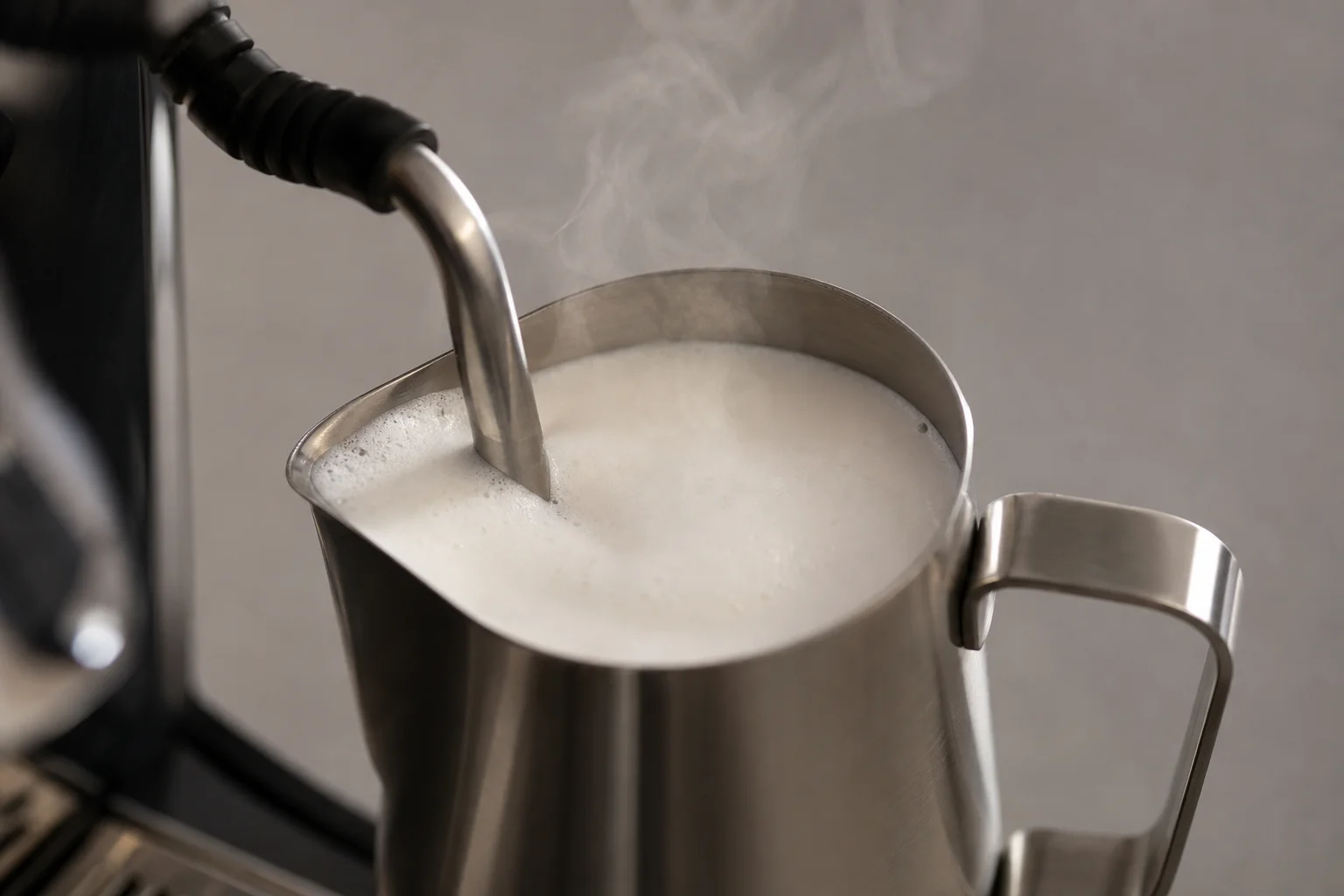 Steam wand creating microfoam in a stainless steel milk pitcher