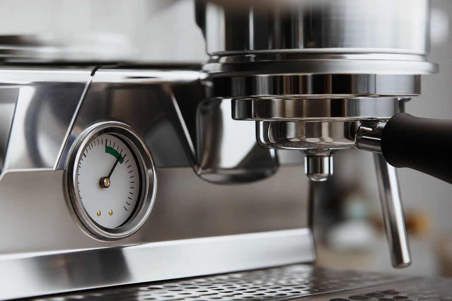 Espresso machine pressure gauge showing optimal extraction pressure range
