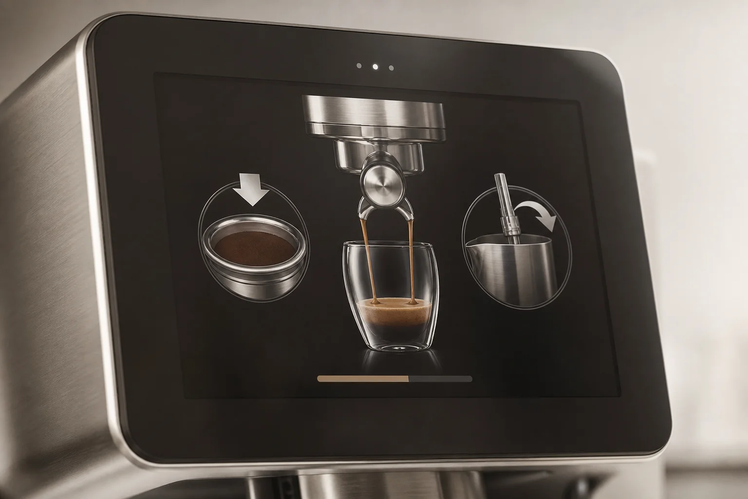 LCD display of espresso machine showing brewing interface and instructions
