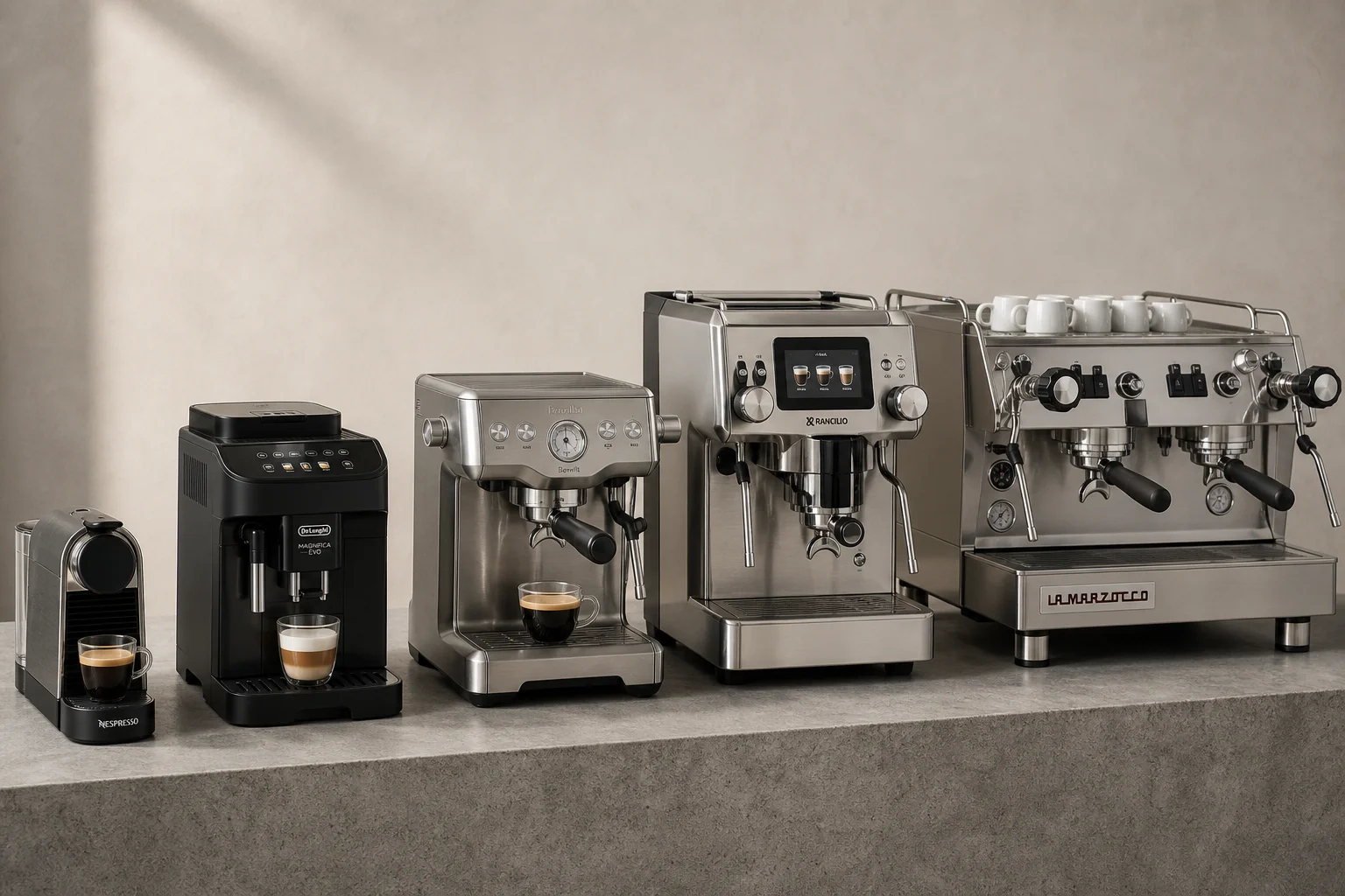Five espresso machines arranged by size from compact to professional on concrete surface