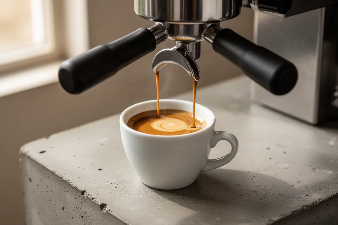 A compact espresso machine pulling a fresh shot with rich crema into a small cup