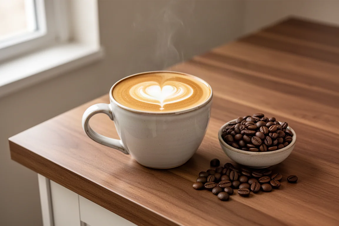A finished latte with smooth milk foam on a kitchen counter beside fresh coffee beans