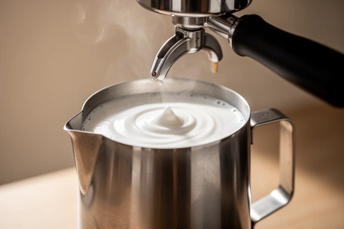 A barista steaming milk with a steam wand in a stainless pitcher