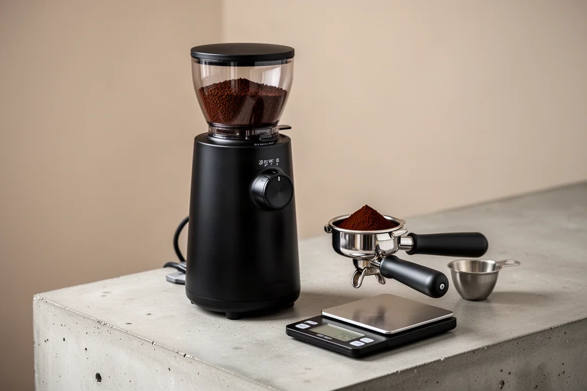 A burr coffee grinder beside a portafilter filled with freshly ground coffee