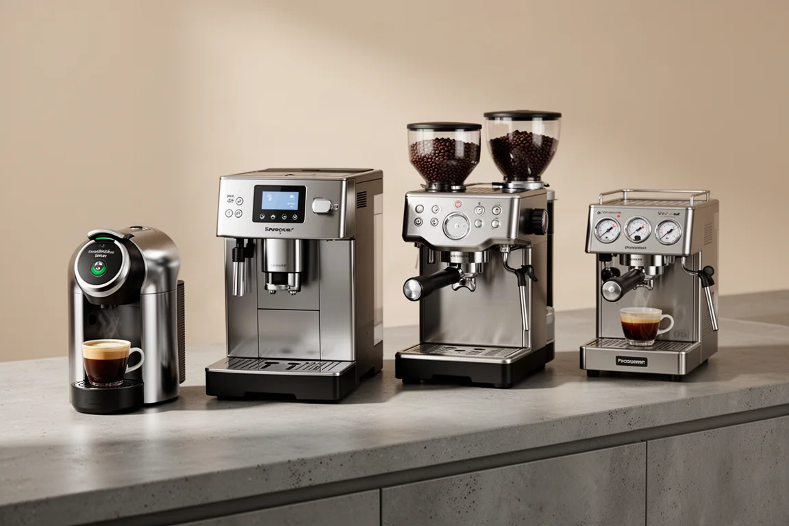Lineup of four espresso machines on a concrete kitchen counter