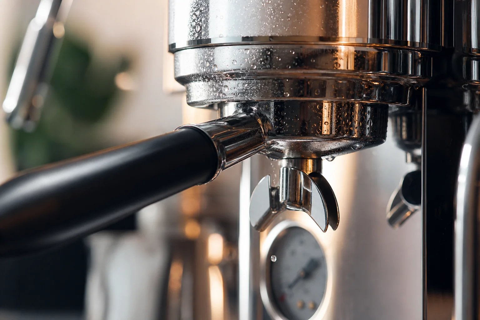 Espresso machine group head with portafilter and water droplets