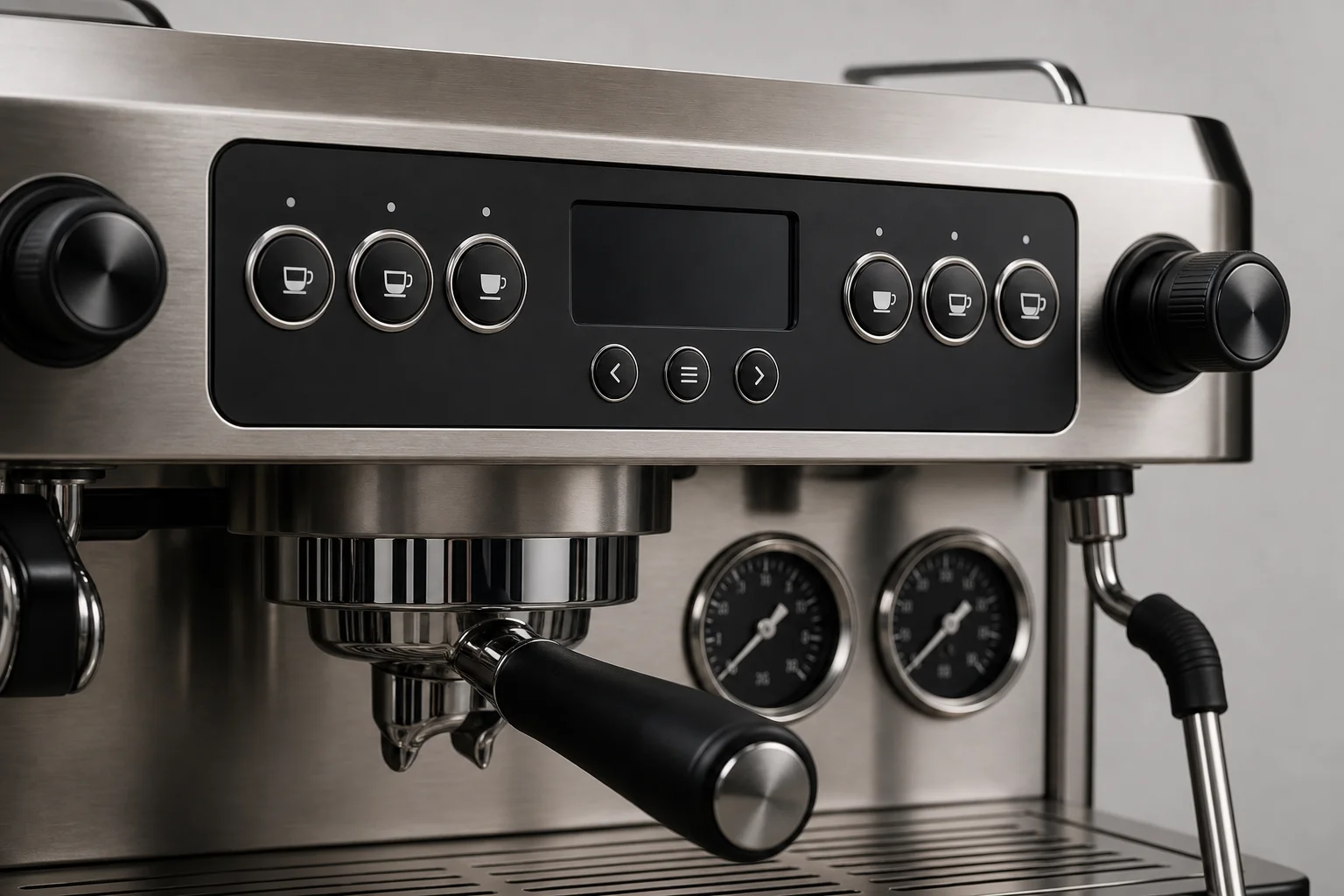Espresso machine control panel with buttons and temperature gauges