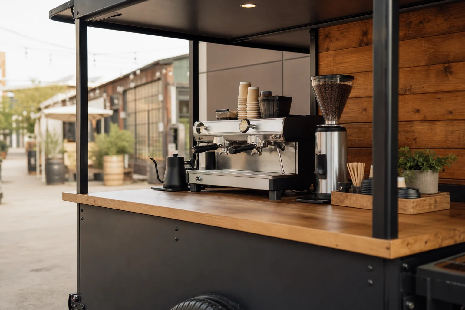Coffee cart setup with espresso machine and service counter in outdoor setting