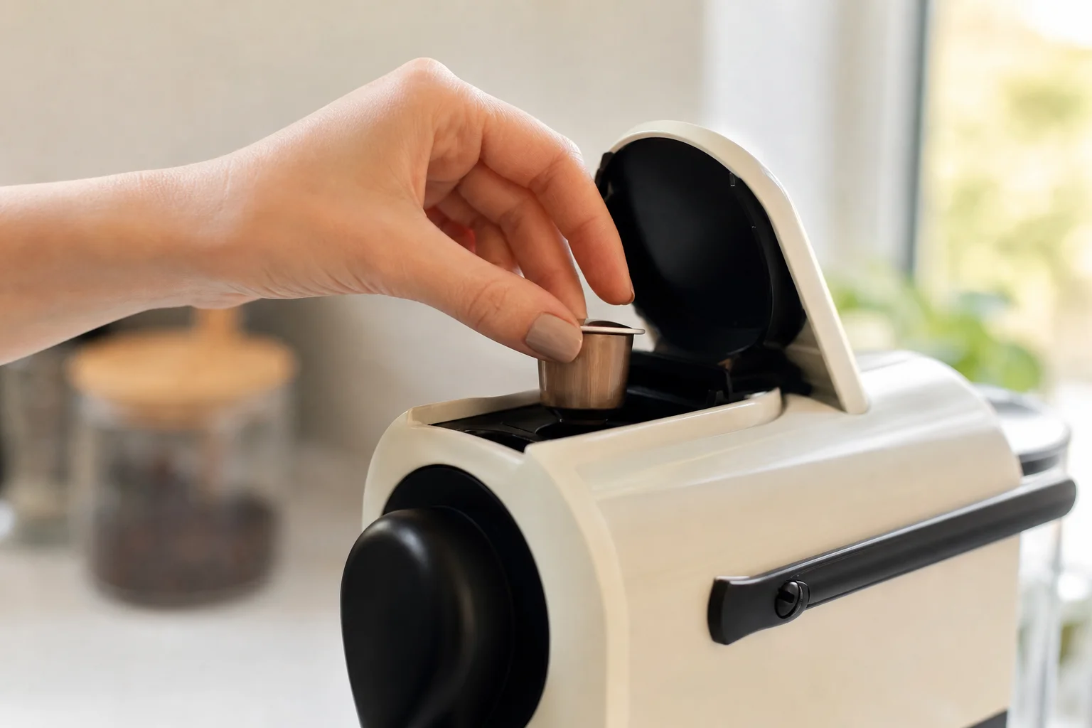 Close-up of espresso pod being inserted into Nespresso machine