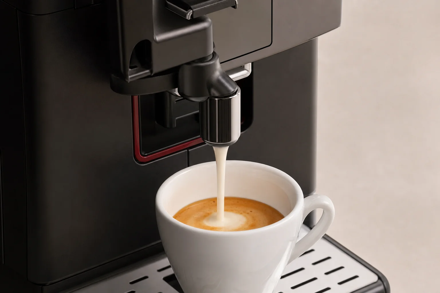 Gaggia Magenta Prestige milk frother dispensing steamed milk into espresso cup
