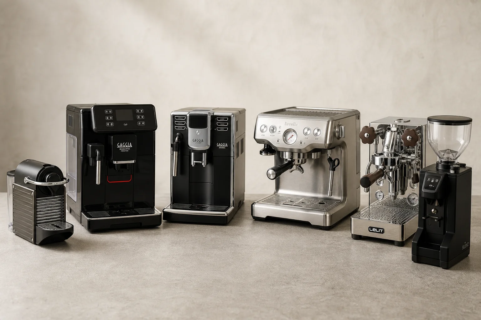 Six espresso machines arranged by effort level on concrete surface